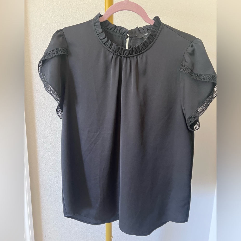 J. Crew Black Short Sleeve Blouse with Lace Trim Sleeves Women Med EUC